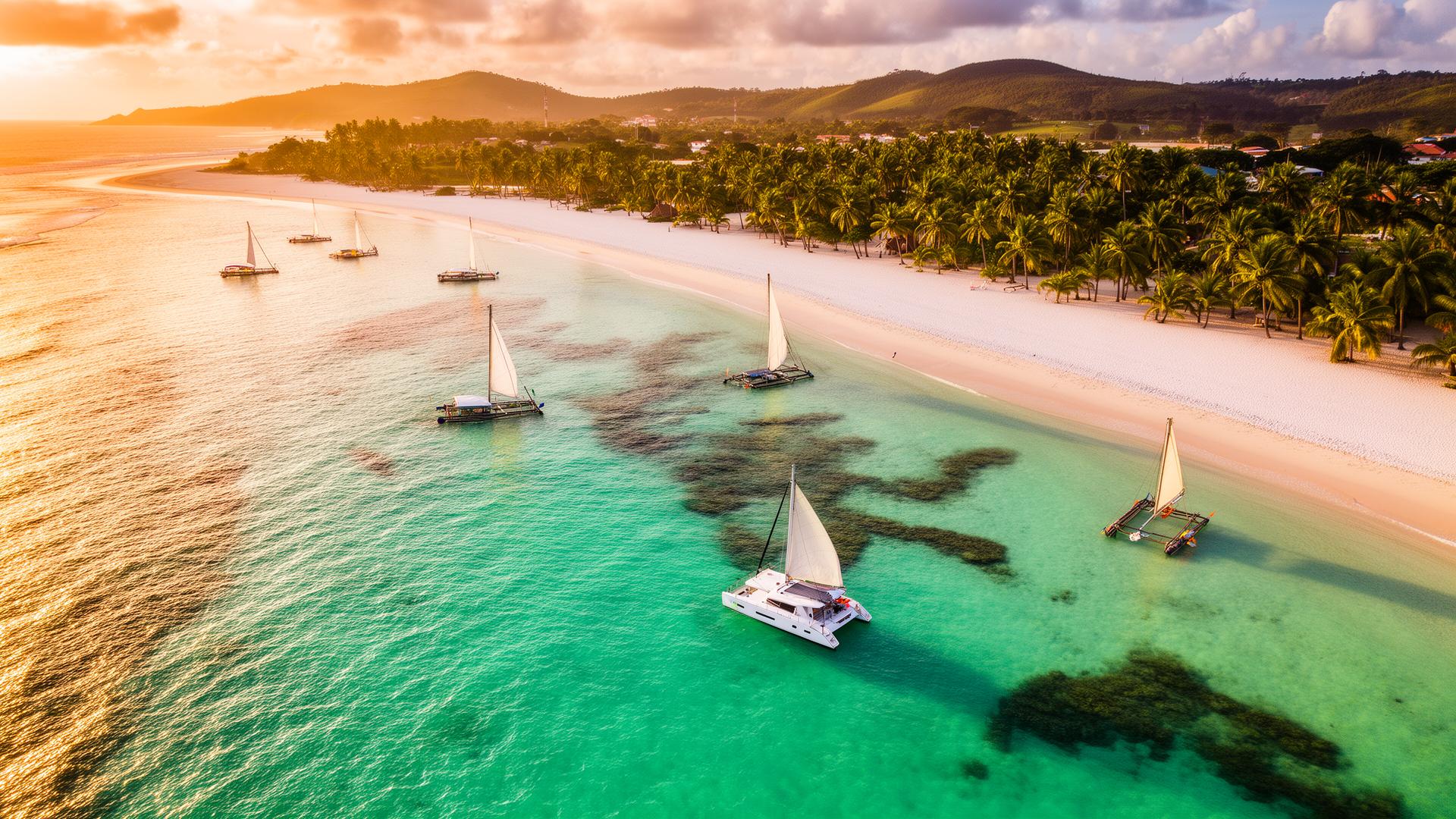 Litoral de Maceió ao entardecer com jangadas e catamarã